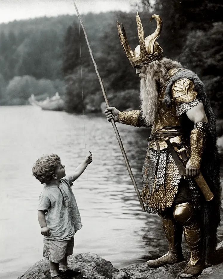 Odin Fishing with Young Boy - Try This Nymph - Odin the Norse God Wall Art Prints – 8″x10″ Artwork for 11″x14″ Frame