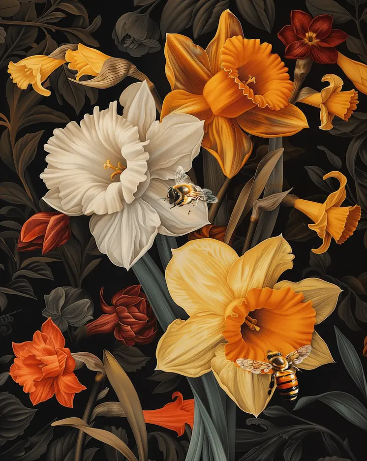 Baroque Daffodil Flowers and Bees 8"x10" Floral Art Print for 11"x14" Frame