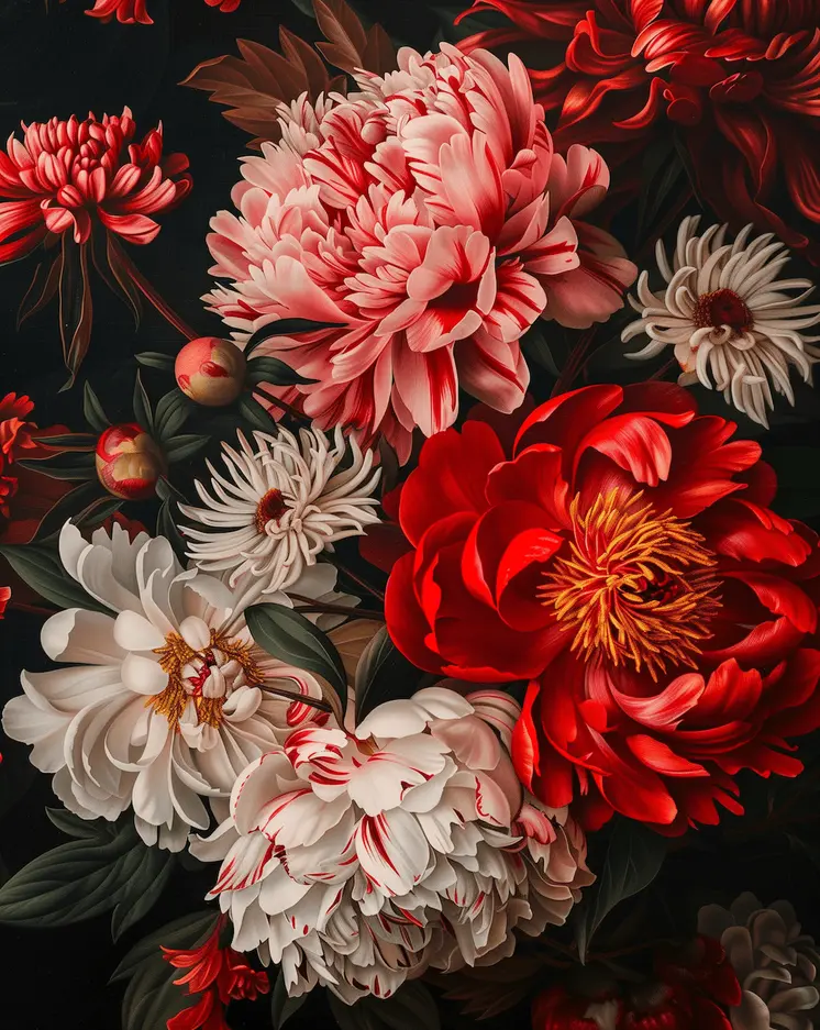 Baroque Pink And Red Peony Flowers  8"x10" Floral Art Print for 11"x14" Frame