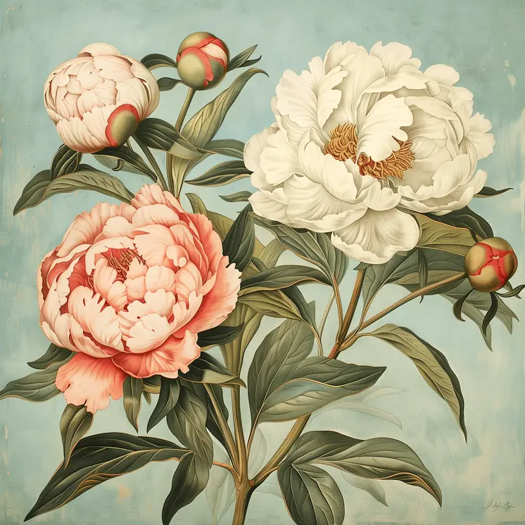 Redoute Peony Flowers on Aqua 8"x8" Floral Art Print for 12"x12" Frame
