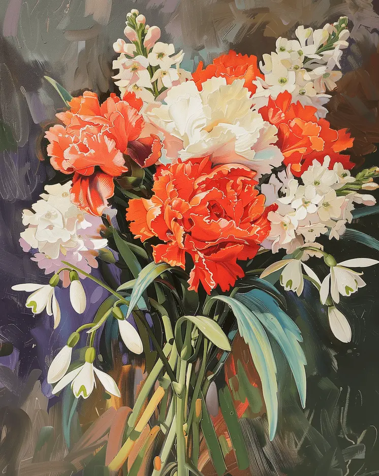 Vibrant Mixed Media Flower Bouquet 8"x8" Art Print for 12"x12" Frame
