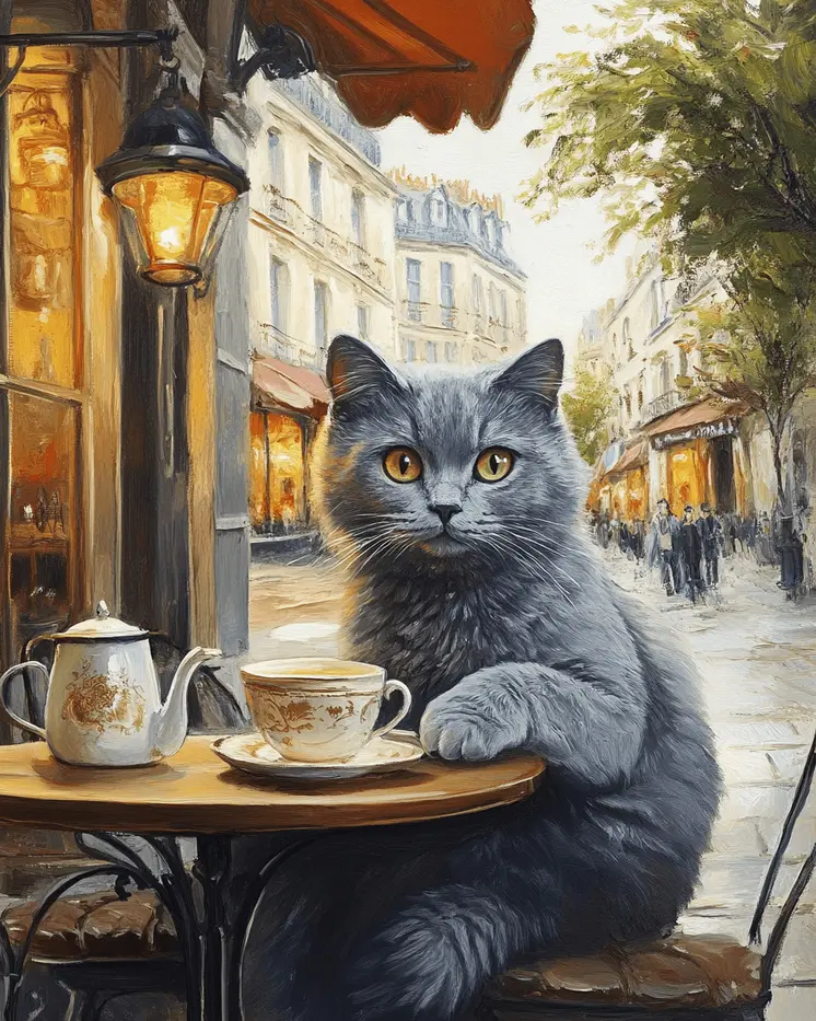 British Shorthair at a Cafe - Pet Cat Still Life Wall Art Prints – 8″x10″ Artwork for 11″x14″ Frame