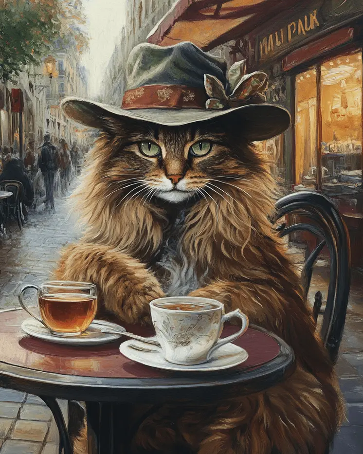 Maine Coon Cat at a Cafe - Pet Cat Still Life Wall Art Prints – 8″x10″ Artwork for 11″x14″ Frame
