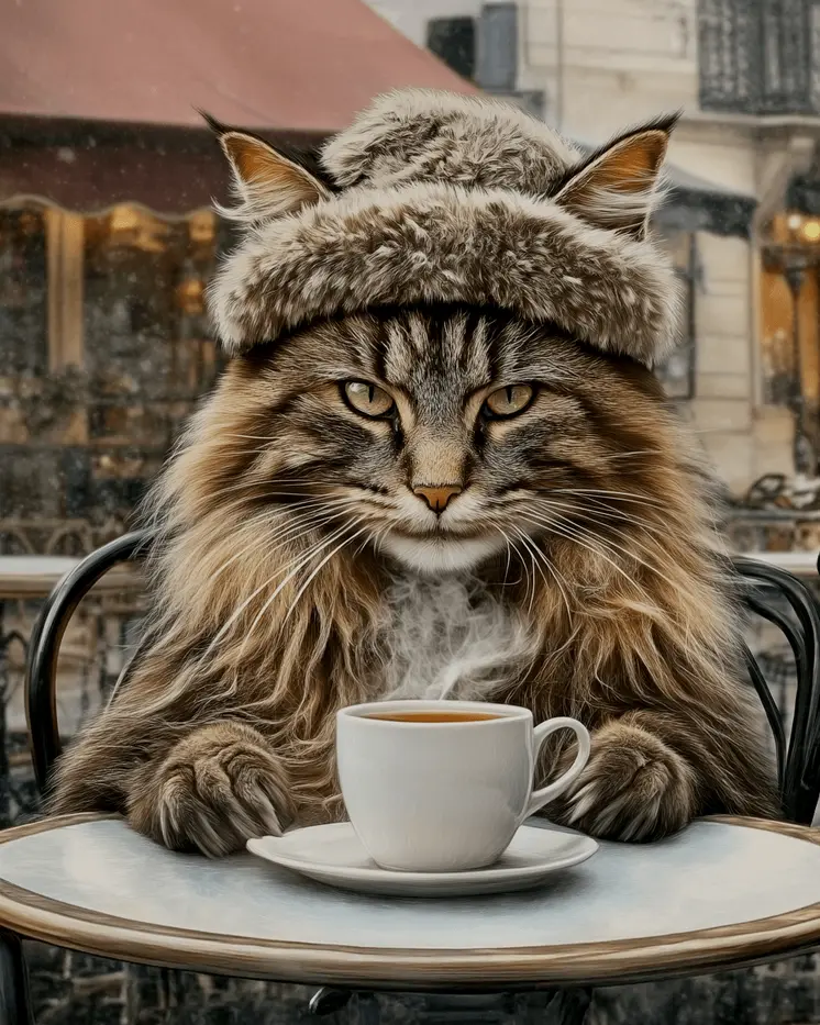 Maine Coon Cat Wearing a Hat - Pet Cat Still Life Wall Art Prints – 8″x10″ Artwork for 11″x14″ Frame