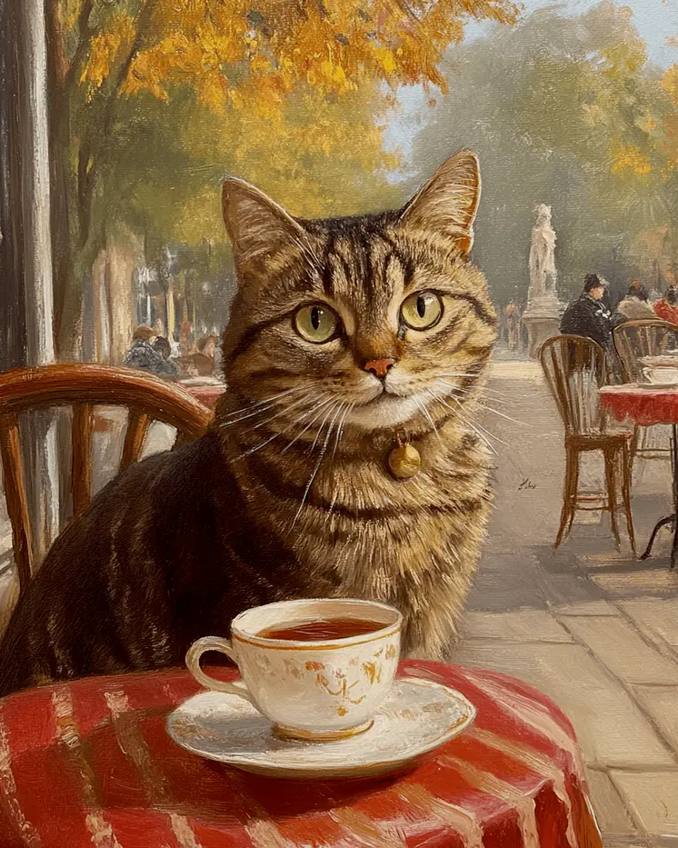 Tabby Having Tea - Pet Cat Still Life Wall Art Prints – 8″x10″ Artwork for 11″x14″ Frame