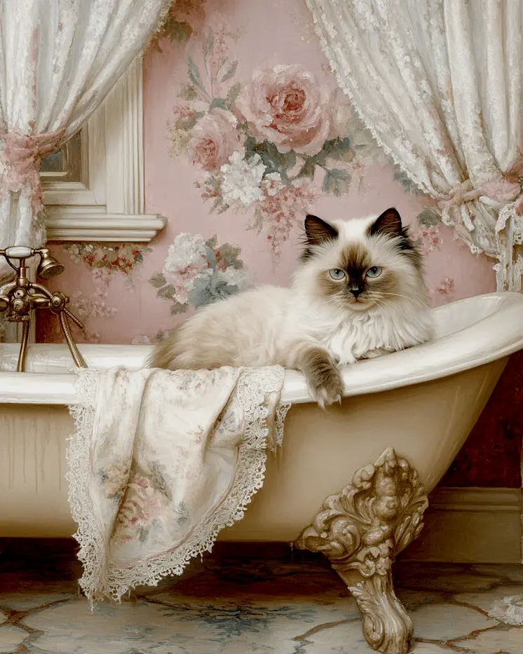Ragdoll in Bathtub - Pet Cat Still Life Wall Art Prints – 8″x10″ Artwork for 11″x14″ Frame