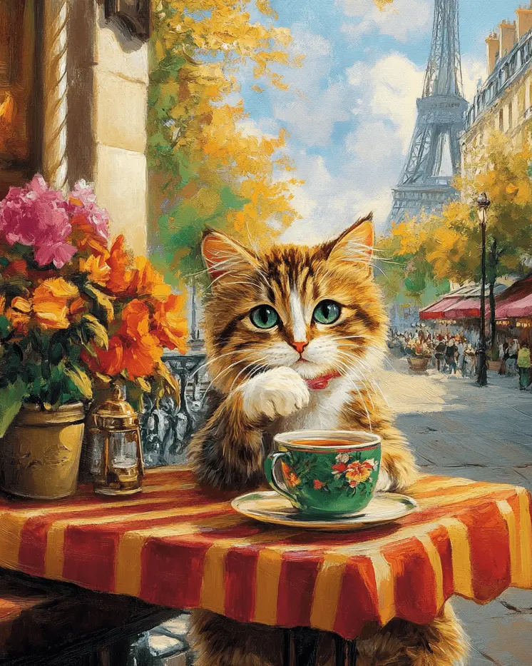 Tabby at a Paris Cafe - Pet Cat Still Life Wall Art Prints – 8″x10″ Artwork for 11″x14″ Frame