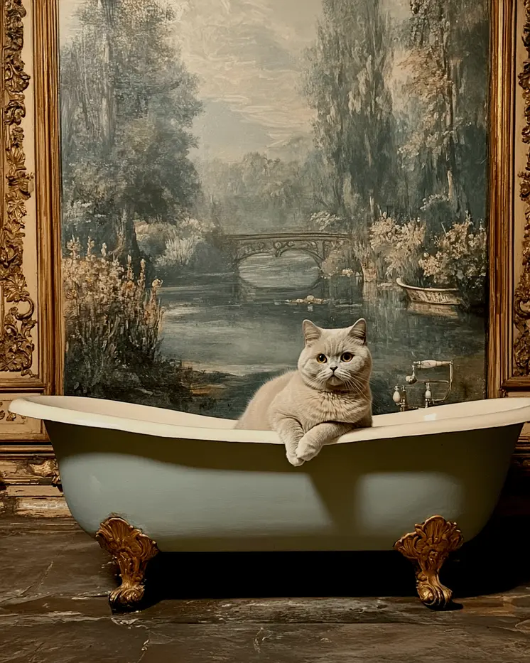 British Shorthair in the Bathtub - Pet Cat Still Life Wall Art Prints – 8″x10″ Artwork for 11″x14″ Frame