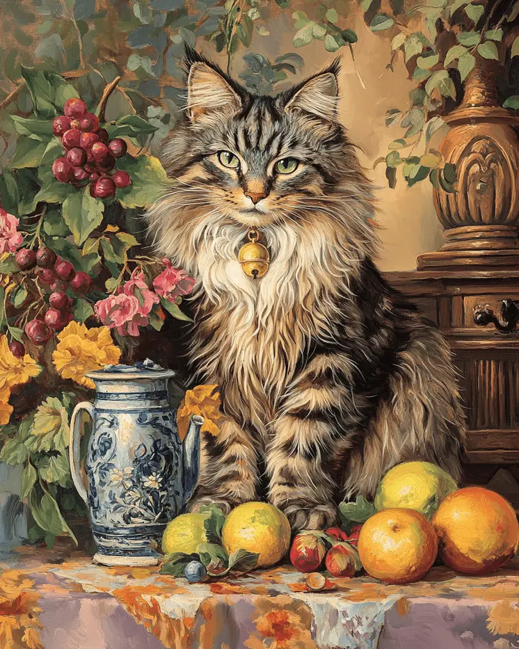 Maine Coon Cat Portrait - Pet Cat Still Life Wall Art Prints – 8″x10″ Artwork for 11″x14″ Frame