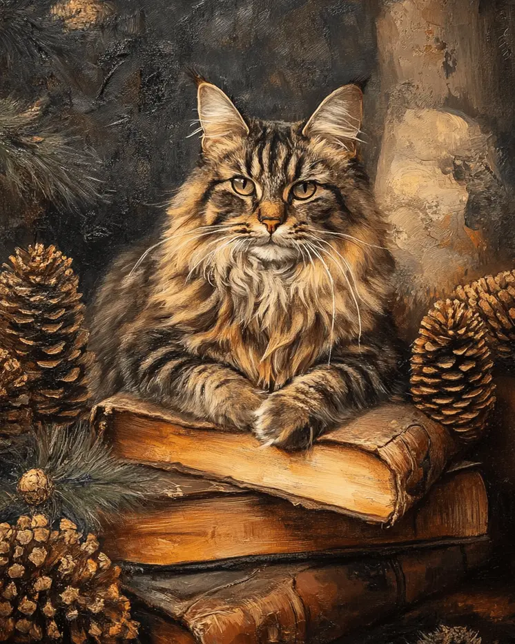 Maine Coon Cat in the Library - Pet Cat Still Life Wall Art Prints – 8″x10″ Artwork for 11″x14″ Frame