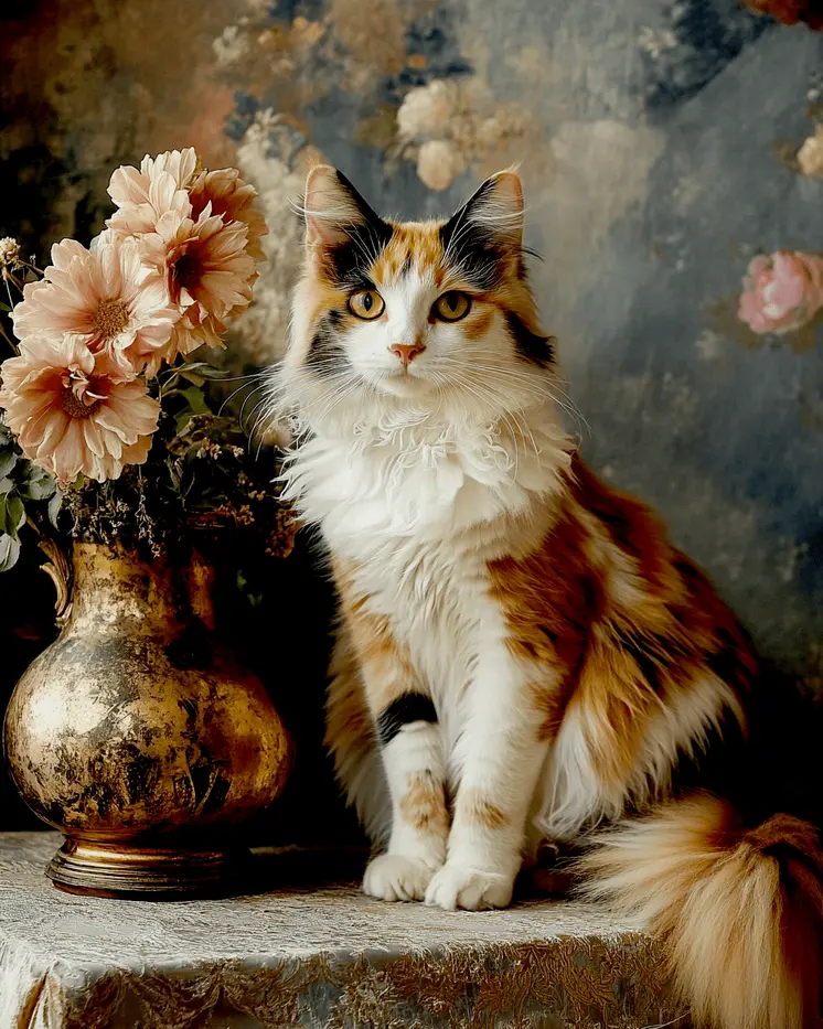 Calico Posing - Pet Cat Still Life Wall Art Prints – 8″x10″ Artwork for 11″x14″ Frame