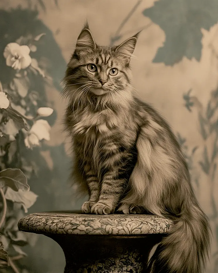 Black and White Maine Coon Cat - Pet Cat Still Life Wall Art Prints – 8″x10″ Artwork for 11″x14″ Frame