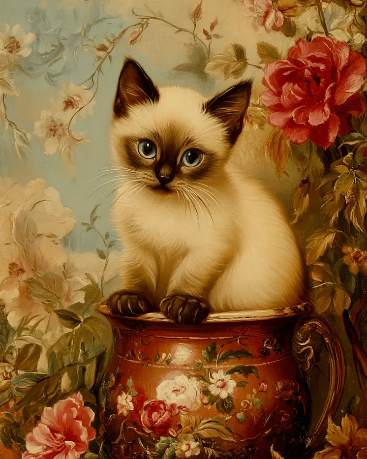 Siamese Kitten Portrait - Pet Cat Still Life Wall Art Prints – 8″x10″ Artwork for 11″x14″ Frame
