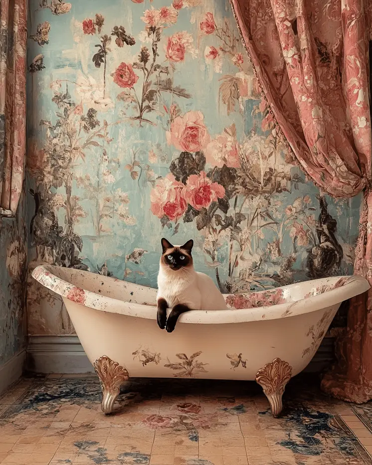 Siamese in the Bathtub - Pet Cat Still Life Wall Art Prints – 8″x10″ Artwork for 11″x14″ Frame