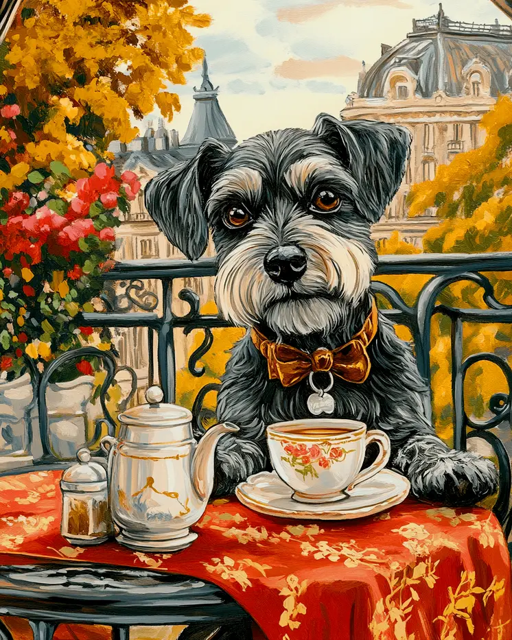 Schnauzer at a Paris Cafe - Pet Dog Still Life Wall Art Prints – 8″x10″ Artwork for 11″x14″ Frame