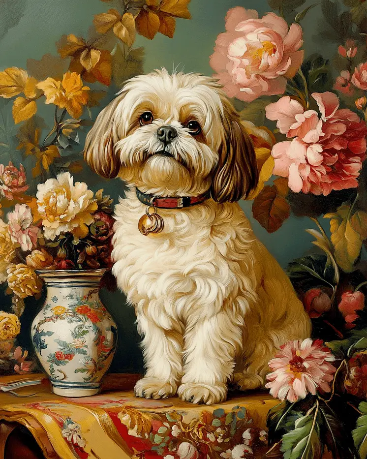 Shih Tzu by Vase - Pet Dog Still Life Wall Art Prints – 8″x10″ Artwork for 11″x14″ Frame