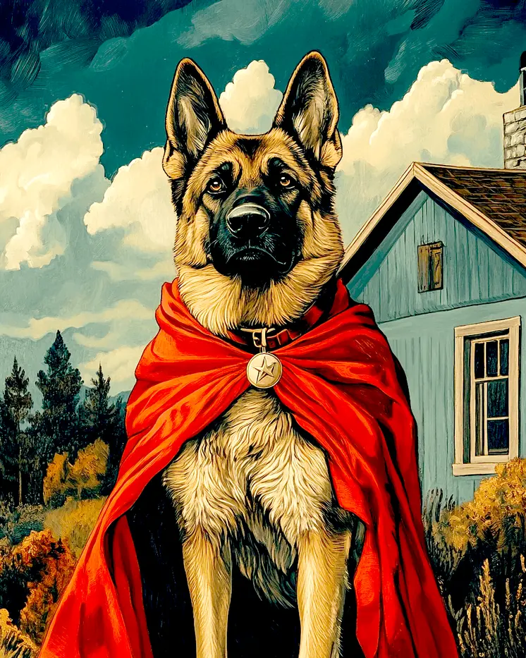 German Shepherd Friend and Protector - Pet Superheros Art Prints – 8″x10″ Artwork for 11″x14″ Frame