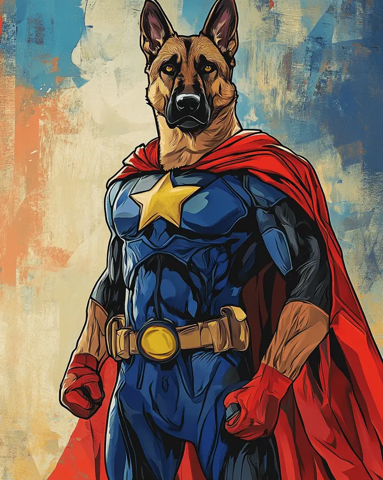German Shepherd Portrait of a Hero - Pet Superheros Art Prints – 8″x10″ Artwork for 11″x14″ Frame