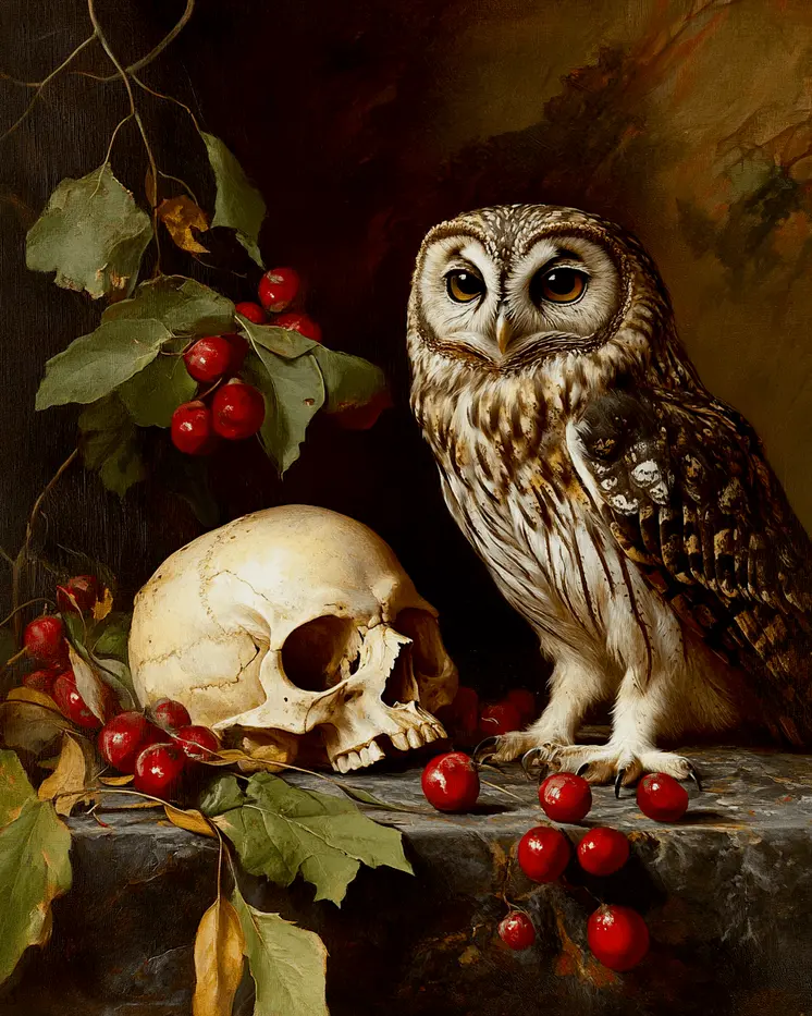 Vintage Owl and Skull Still-Life - Skull & Skeleton Art Prints - 8"x10" Art Print for 11"x14" Frame