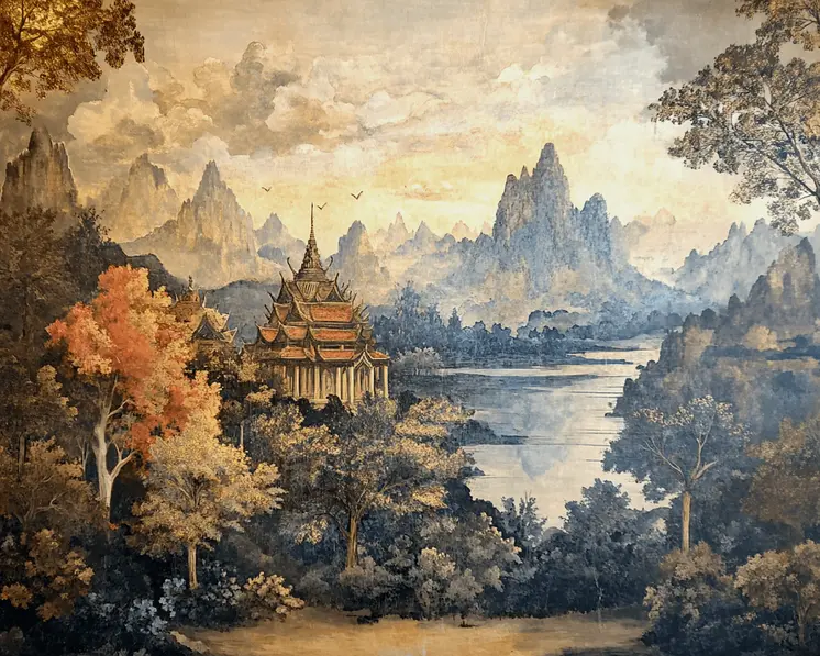 Thai Landscape #2 - Rattanakosin Style Wall Art Prints – 8″x10″ Artwork for 11″x14″ Frame