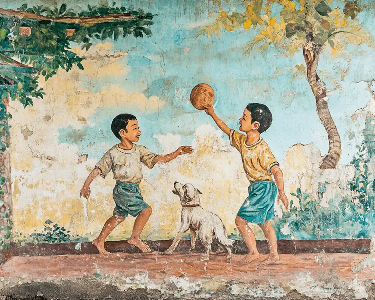Children with Dog #1 - Rattanakosin Style Wall Art Prints – 8″x10″ Artwork for 11″x14″ Frame