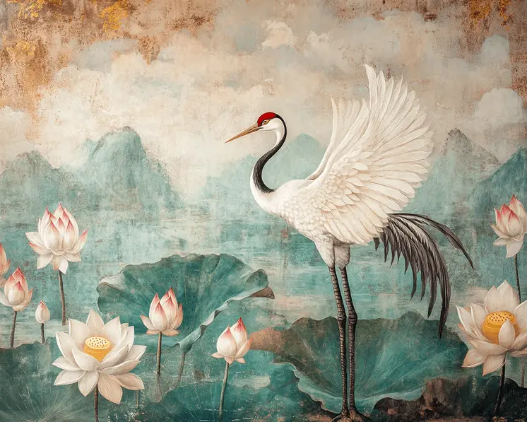 White Crane Among White Lotus - Rattanakosin Style Wall Art Prints – 8″x10″ Artwork for 11″x14″ Frame