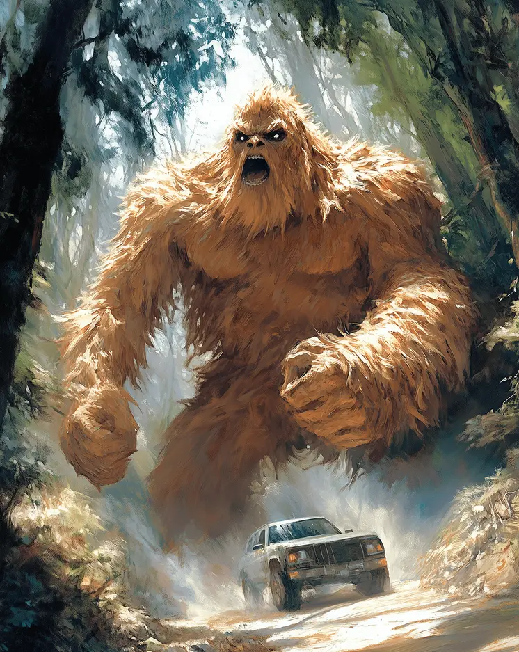 Bigfoot Angry with Tourists  - Bigfoot Art Prints – 8″x10″ Artwork in 11″x14″ Mat