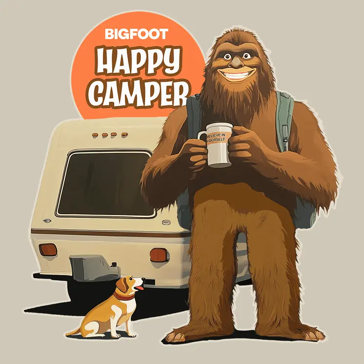 Bigfoot Happy Camper - Sasquatch Cryptid Art Prints - 8"x8" Art Print for 12"x12" Frame