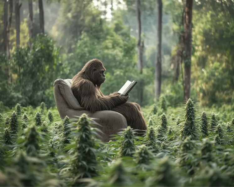 Bigfoot Reading in Weed Field - Bigfoot Marijuana Prints – 10″x8″ Artwork in 14″x11″ Mat