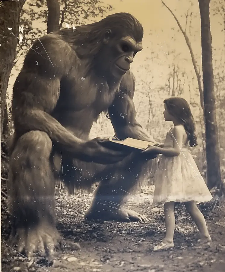 Bigfoot Reading to Little Girl - Sasquatch Cryptid Art Prints - 8"x10" Art Print for 11"x14" Frame