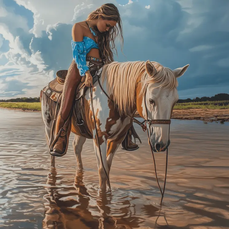 Cowgirl Beach Ride - Cowgirl Western Art Prints 8"x8" Artwork for 12"x12" Frame