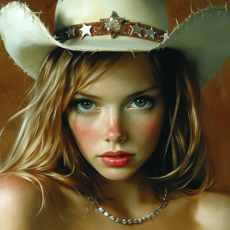 Cowgirl Freckled Portrait - Cowgirl Western Art Prints  8"x8" Artwork for 12"x12"  Frame