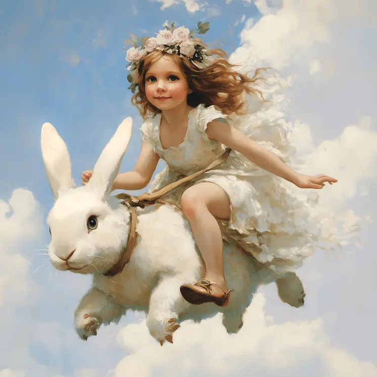 Fairy Riding A Bunny Rabbit -  Fairy Art Prints – 8″x8″ Artwork in 12″x12″ Mat