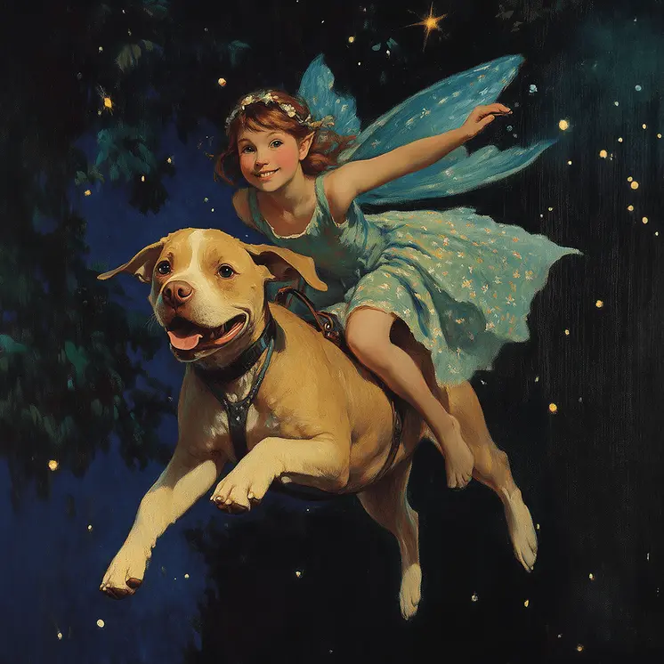 Fairy Riding Pit Bull Dog -  Fairy Art Prints – 8″x8″ Artwork in 12″x12″ Mat