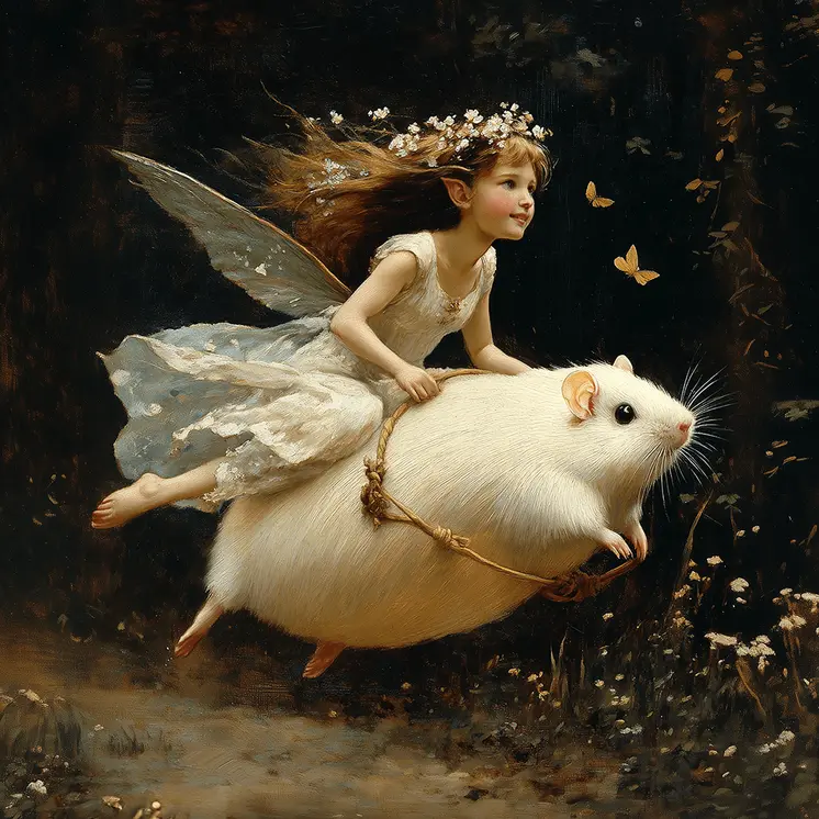 Fairy Riding Hamster -  Fairy Art Prints – 8″x8″ Artwork in 12″x12″ Mat