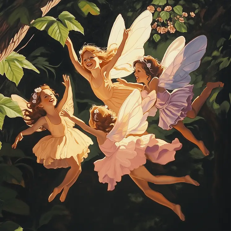 Giggling Fairies  in Flight - Fairytale Prints – 8″x8″ Artwork in 12″x12″ Mat