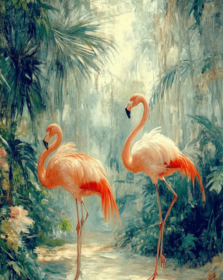 Impressionist Flamingos - Wall Art Print - Souvenir Seaside Beachcore - 8"x10" Artwork - 11"x14" Mat