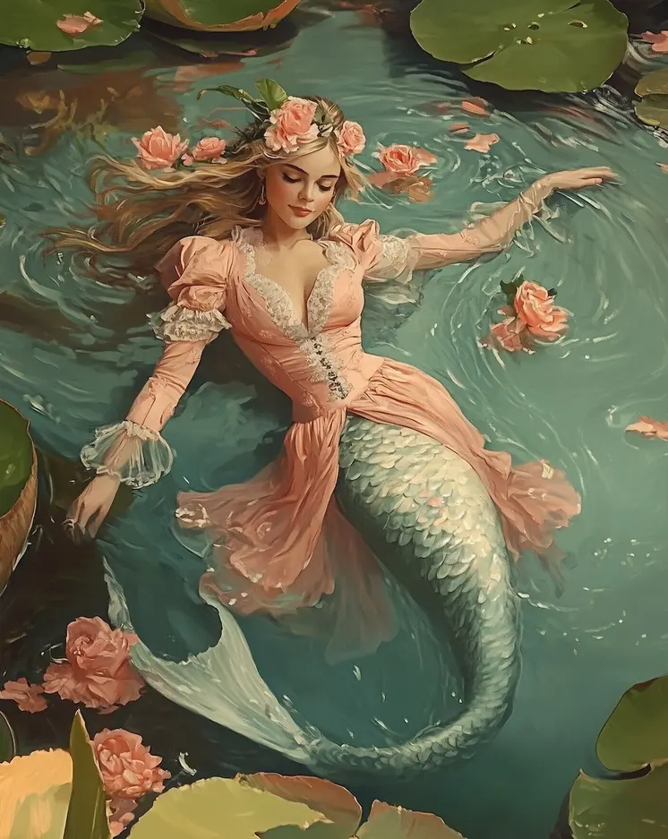 Mermaid Floating With The Lily Pads 8″x10″ Artwork in 11″x14″ Mat