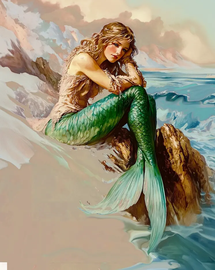 Mermaid Sunning On Cliffs 8″x10″ Artwork in 11″x14″ Mat