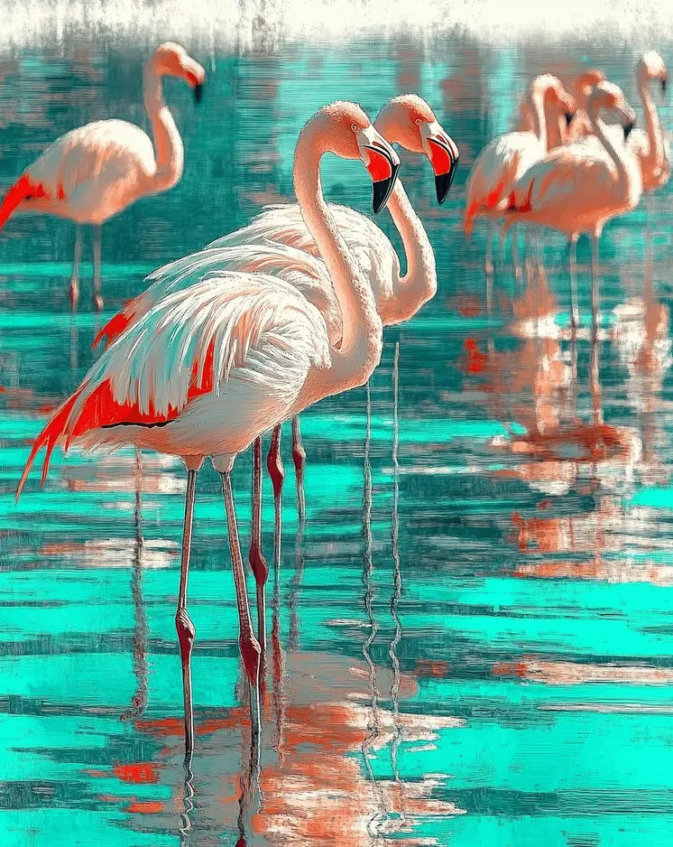 Morning Flamingo Gathering - Wall Art Print - Souvenir Seaside Beachcore - 8"x10" Artwork - 11"x14" Mat