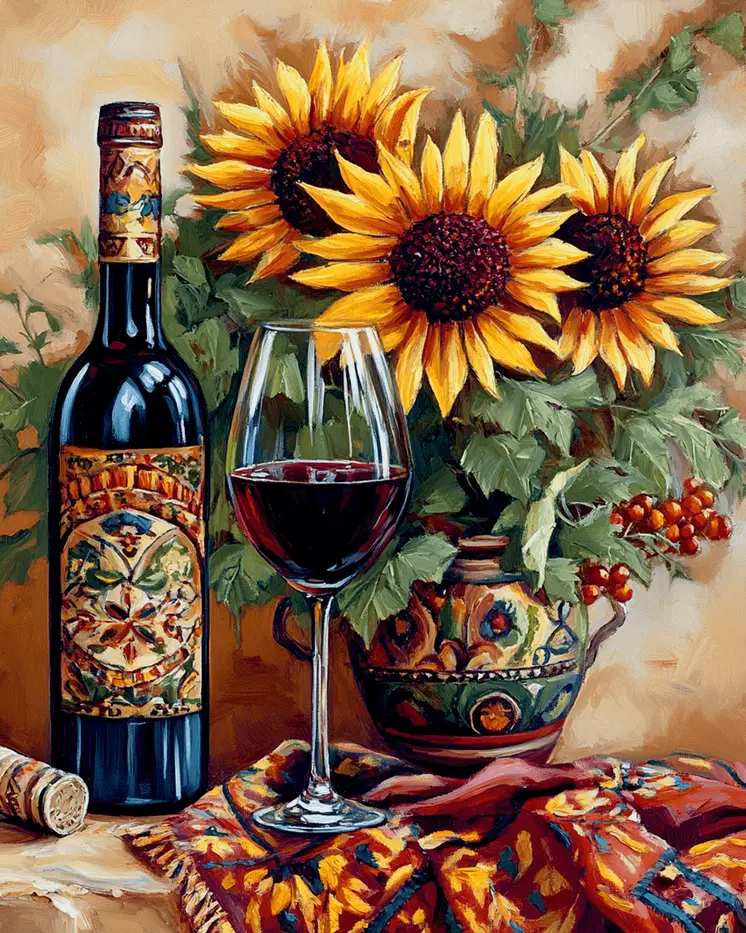 Sunflower and Wine Still-Life - Wine Wall Art Prints – 8″x10″ Artwork for 11″x14″ Frame