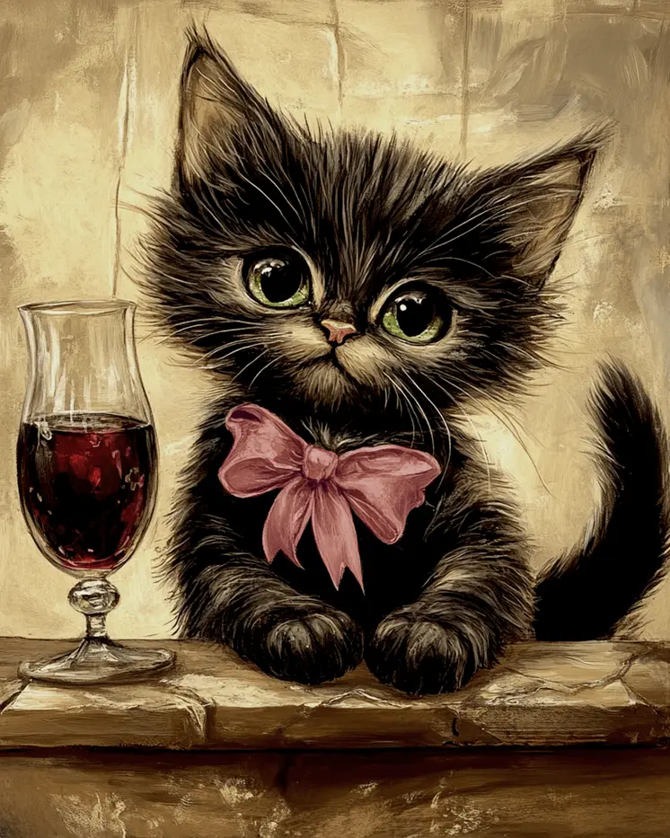 Glass of Wine and a Kitten to Play With - Wine Wall Art Prints – 8″x10″ Artwork for 11″x14″ Frame