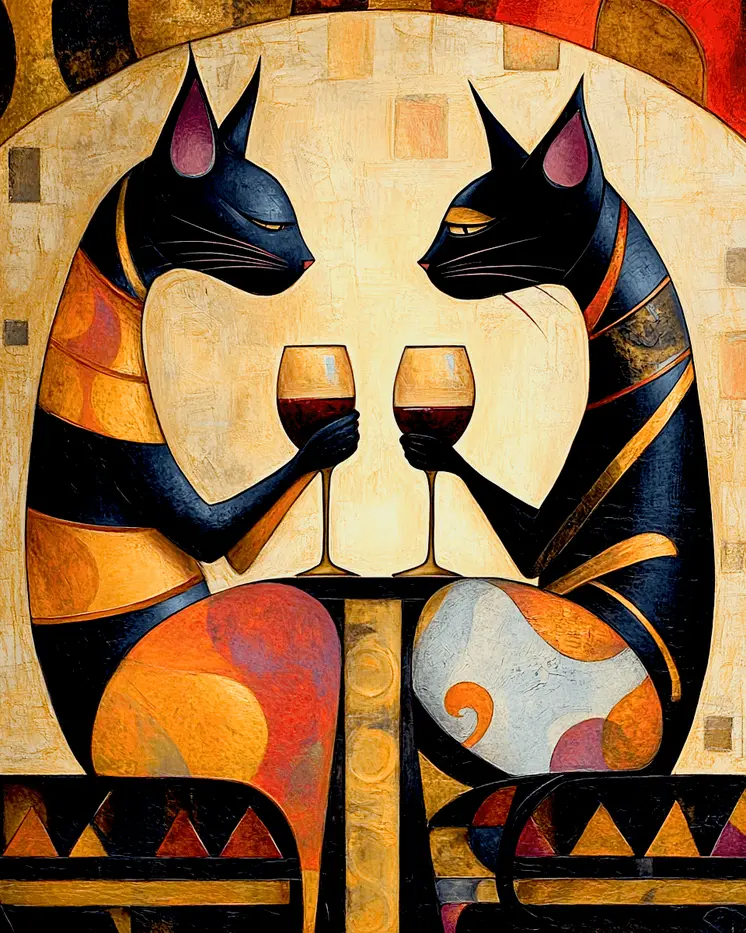 Deco Cats with Wine Glasses - Wine Wall Art Prints – 8″x10″ Artwork for 11″x14″ Frame