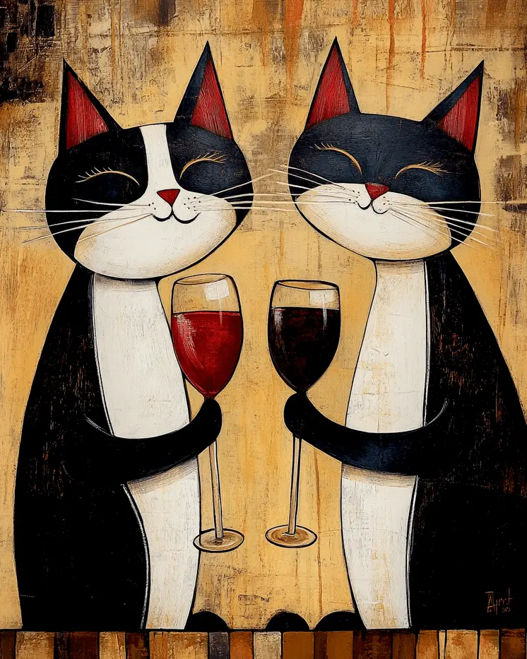 Folksy Cats with Wine Glasses - Wine Wall Art Prints – 8″x10″ Artwork for 11″x14″ Frame