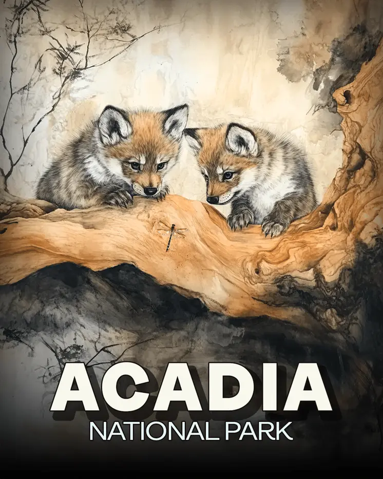 Two Wolf Pups Eye Dragonfly - Acadia National Park Souvenir Art Prints - 8"x10" Artwork for 11"x14" Frame