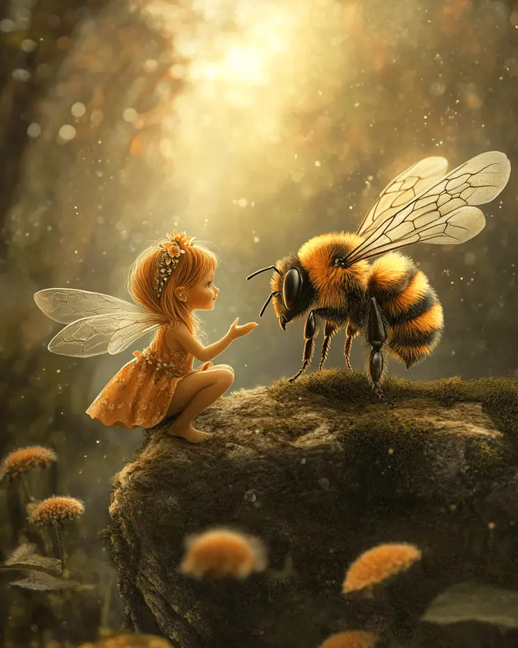 Small Fairy Talking to a Bee - Honey & Bee Wall Art Prints – 8″x10″ Artwork for 11″x14″ Frame