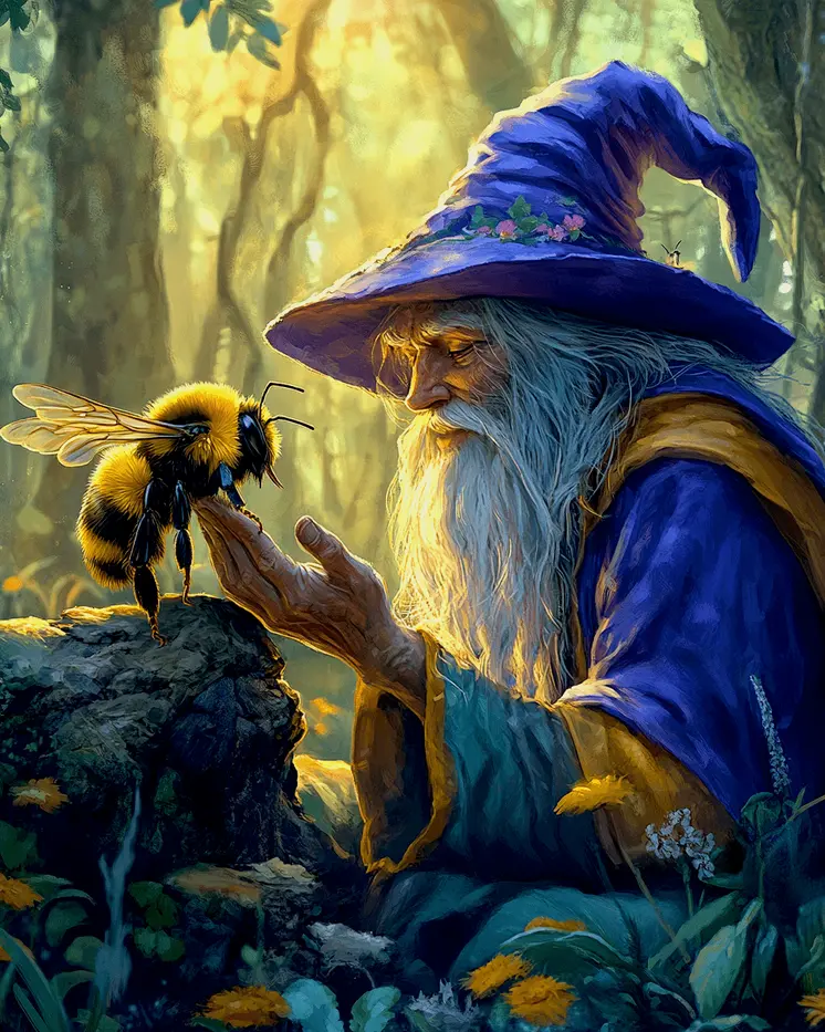 Wizard Having a Discussion with a Bee - Honey & Bee Wall Art Prints – 8″x10″ Artwork for 11″x14″ Frame