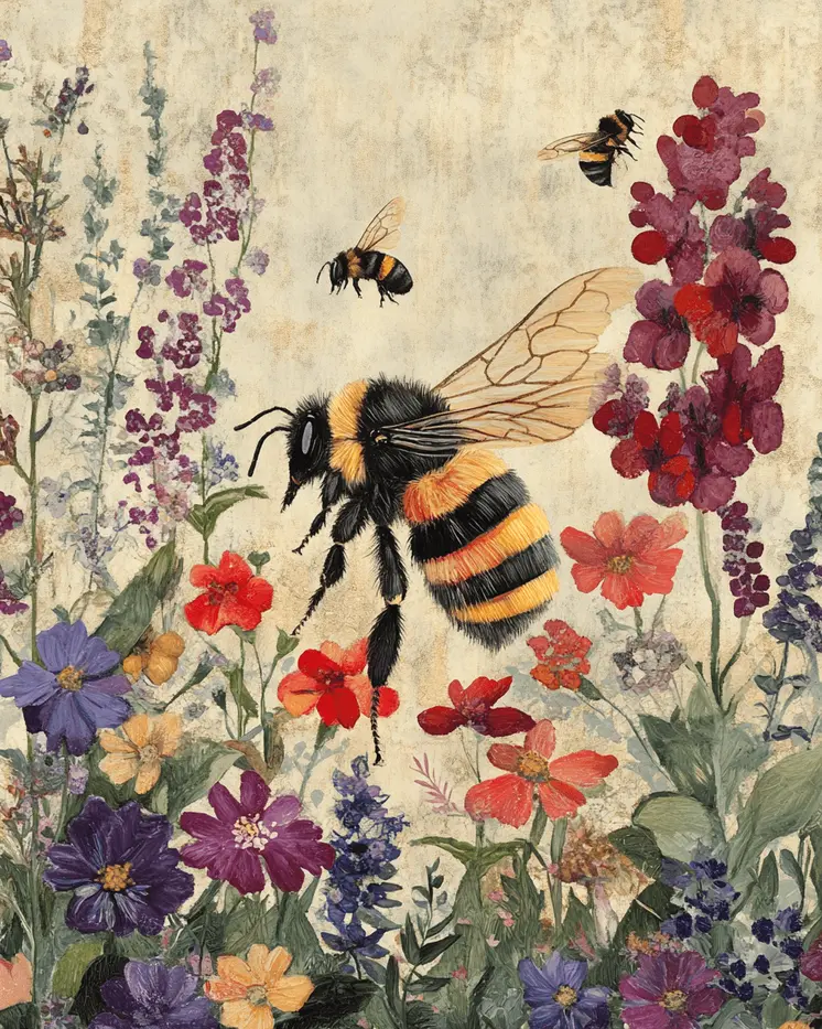 Bee in Wildflowers - Honey & Bee Wall Art Prints – 8″x10″ Artwork for 11″x14″ Frame