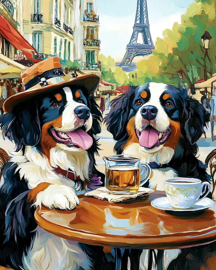 Bernese Mountain Dog at a Paris Cafe - Pet Dog Still Life Wall Art Prints – 8″x10″ Artwork for 11″x14″ Frame