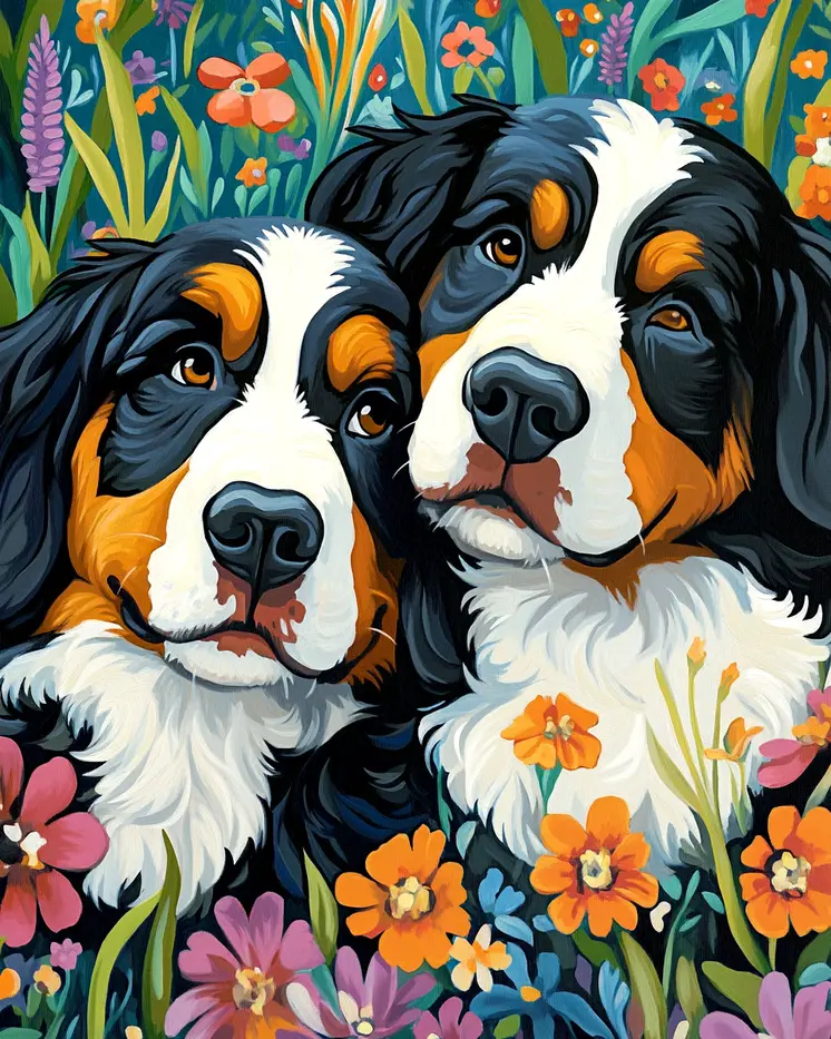 Bernese Mountain Dog Besties - Pet Dog Still Life Wall Art Prints – 8″x10″ Artwork for 11″x14″ Frame